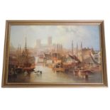 After W Carmichael (1800-1864). The Brayford Pool and Lincoln Cathedral, print, 35cm x 52.5cm.