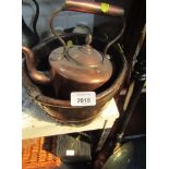 Copper and brass wares, comprising a copper teapot, 25cm high, a copper and brass warming pan with e