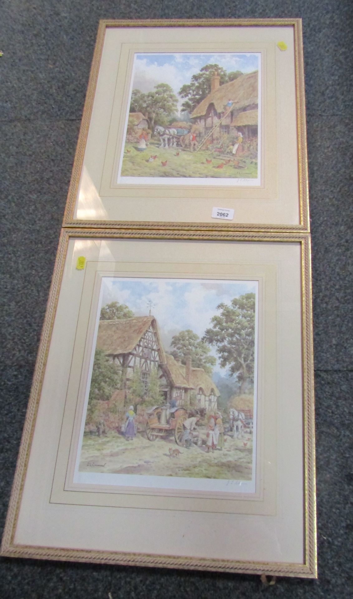 After JL Chapman. Two rural scenes depicting figures before thatched cottages, signed prints, 30cm x