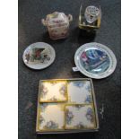 An Edinburgh Crystal miniature rose basket, boxed, Royal Albert cabinet plate, two collector's plate