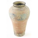 An Egyptian style hand thrown pottery vase, sgrafitto decorated with a lattice pattern, unmarked, 29