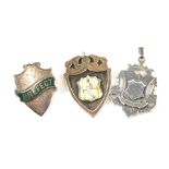 Three various fobs, one silver, another enamel silver gilt Gymnastics fob, 4cm high, and a plated Pr