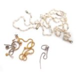 A group of assorted scrap jewellery, to include 9ct gold drop earrings, cultured pearl necklace and