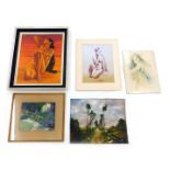 A group of pictures and prints, comprising after Charlie Delhaule nude female, 49cm x 37cm, a oil on