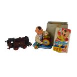 A Chinese tin plate clockwork toy, child beating drum, boxed, and an LMNS tin plate locomotive numbe