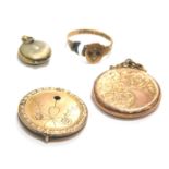 9ct gold and other jewellery, comprising two 9ct gold floral embossed lockets, a 9ct gold ring frame