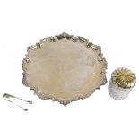 A silver plated salver, with piecrust border, 39cm diameter, set of silver plated sugar tongs, and a