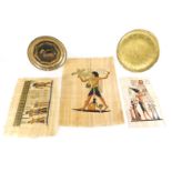 A collection of Egyptian papyrus paintings, decorated with figures, hieroglyphics, etc., and two sim