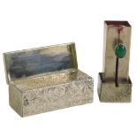 A 1950s lipstick holder, in a silver plated floral case, with stone inlaid panel of flowers, numbere