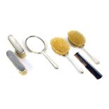 A silver six piece dressing table set, with engine turned fan decoration, comprising four brushes, h
