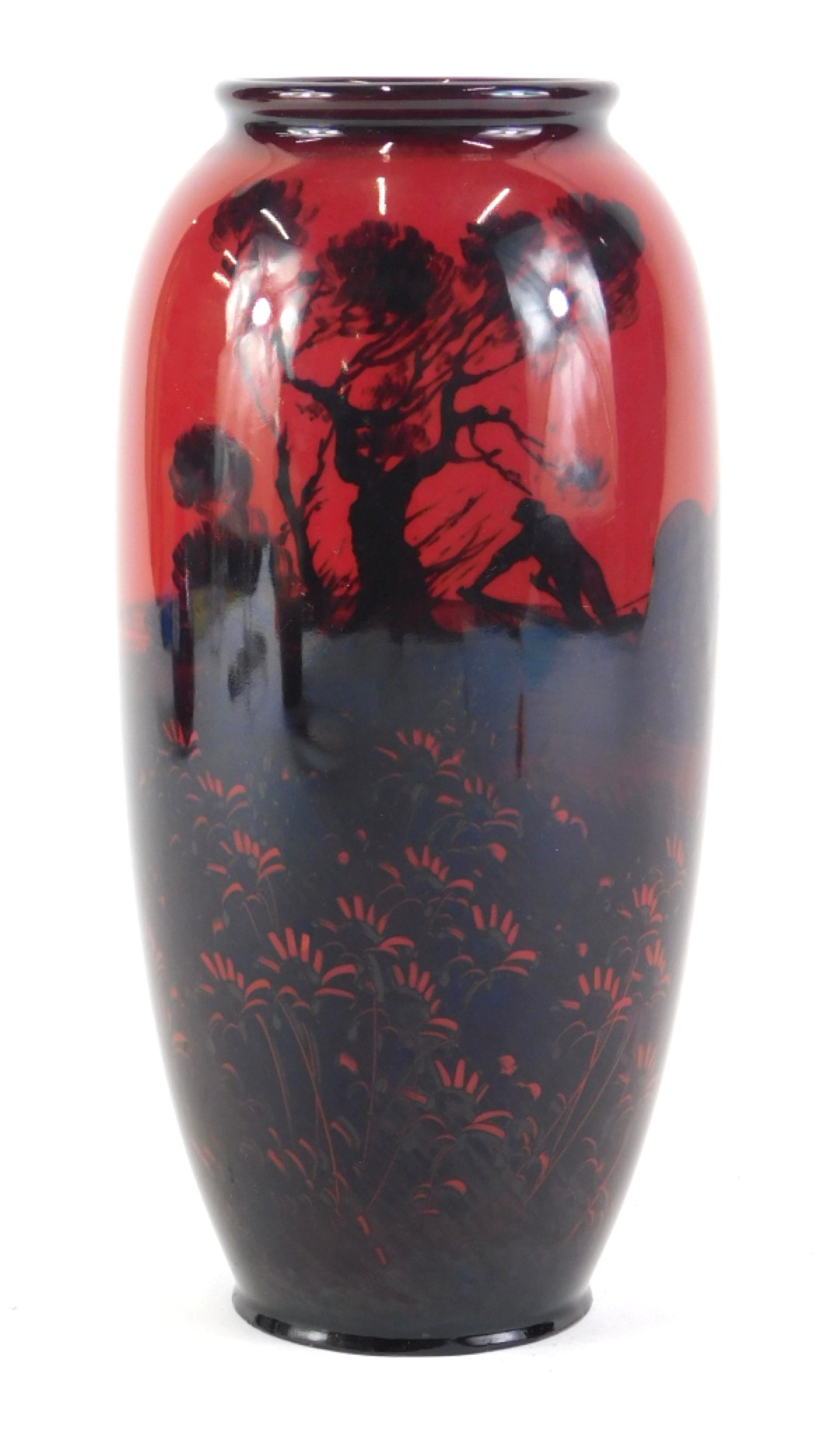 A Royal Doulton Flambe bullet shaped vase, decorated in silhouette, etc., with a ploughing scene, pr