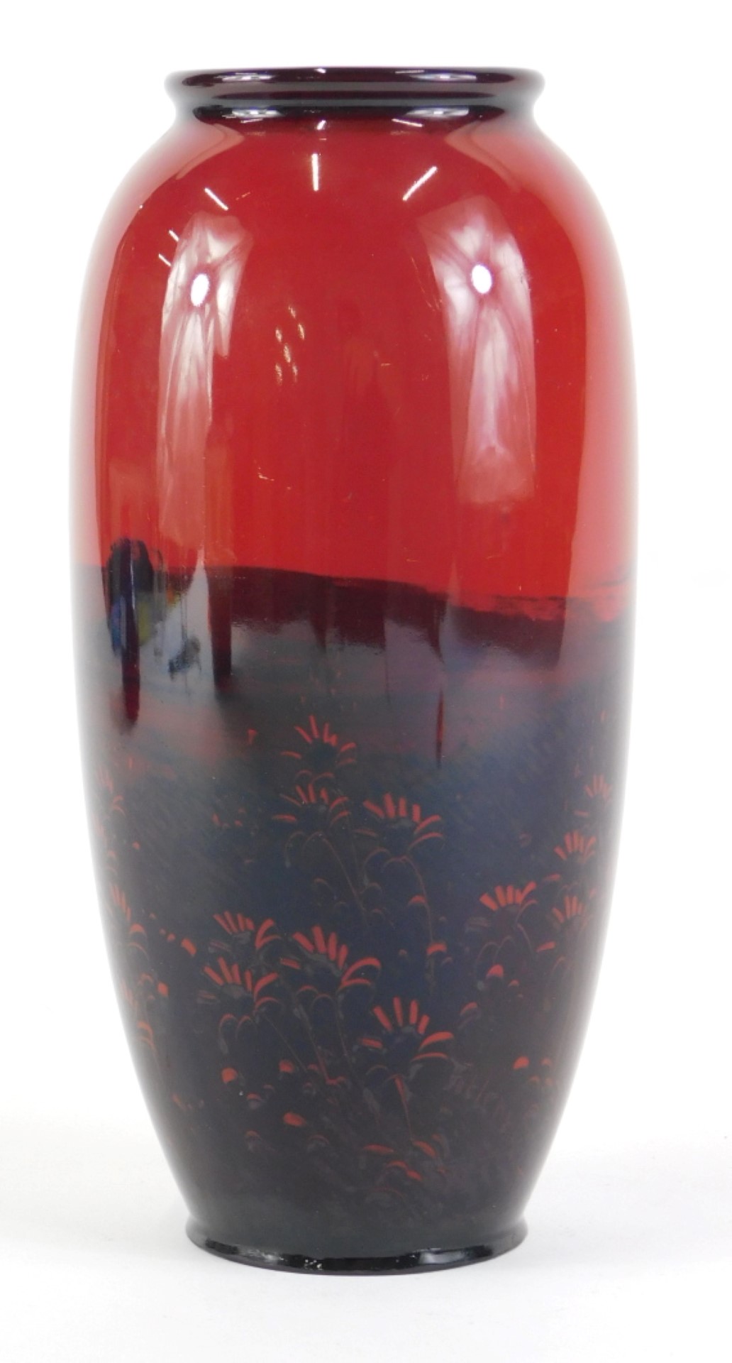 A Royal Doulton Flambe bullet shaped vase, decorated in silhouette, etc., with a ploughing scene, pr - Image 2 of 4