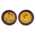 After Brochart (20thC School). Ladies in 19thC dress, prints, 15cm diameter, in mahogany frames.