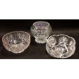 Three cut crystal glass bowls, comprising fanned fruit bowl, 20cm wide, pleated rim bowl, 20cm wide,