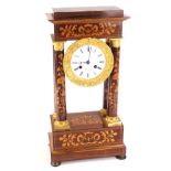 A 19thC French rosewood marquetry portico type mantel clock, decorated overall with scrolls, flowers