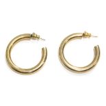 A pair of hoop earrings, each of plain design, 3cm wide, yellow metal with rubbed marks, 4g.