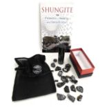 A Shungite bar, collectors book and guides, and various loose beads.