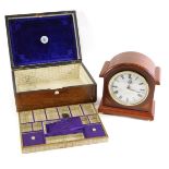 A Victorian rosewood and mother of pearl inlaid workbox, 30cm wide, and a London Clock Company Westm