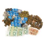 Miscellaneous coinage, comprising pennies, half pennies, one pound notes, ten shilling notes, three