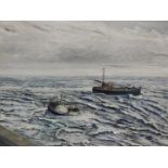 20thC School. Fishing boats in rough seas, oil on board, 45cm x 59cm, framed.