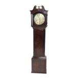 A 19thC oak longcase clock by Revel of Sheffield, with 30 hour movement, a swan pediment hood, with