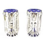 A pair of 19thC Bohemian blue, clear and milk glass lustres, each with floral tops and inverted stem