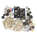Miscellaneous foreign coinage, UK commemorative crowns, cartwheel penny, medallion, threepenny bits,
