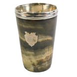 A Victorian horn beaker, with a silvered rim and lining, with a crest bearing initials JMK, London h