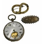 Three items of jewellery, comprising a silver pocket watch case, with partial dial, (AF), 82.4g all