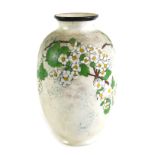 A Royal Doulton lustre vase, decorated in raised enamels with branches and white flowers, printed