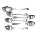 A matched group of silver fiddle pattern teaspoons, each bearing the initial RM and JM, and a tables