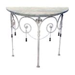 A marble demi lune hall table, shaped metal cream painted floral base, 78cm high, 72cm wide, 46cm de