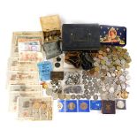 Pre decimal coinage, comprising pennies, half pennies, military buttons, threepence silver bracelet,