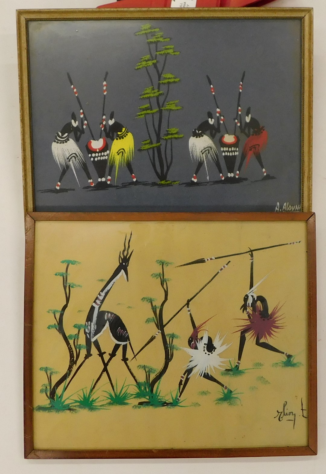 Aboriginal school after Elioy and Alovna, figures, prints, 23cm x 29cm, framed and glazed. (2)