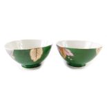 Two Russian Gardner porcelain bowls, in green, on circular feet, marked beneath, 13cm diameter. (2)