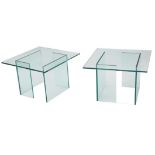 A pair of Green Apple glass side tables, 40cm high, the tops 60cm x 60cm.