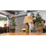 Two artificial roses, and a gold table lamp. (3)