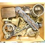 Assorted silver plated and brasswares, copper kettle, money box, etc. (1 box)