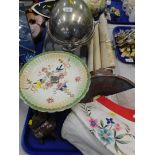 A silver plated serving tray, modern Oriental scroll, embroidered pillow cases , cloisonne miniature
