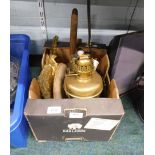 A quantity of copper and brasswares, oil lamp, posher, glass bottle of Wright of York, etc. (1 box)