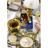 Silver plated and brasswares, serving trays, oil lamp with glass shade, etc. (1 tray and a quantity)