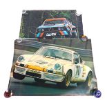 Four motor racing prints, unframed.
