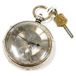 A Victorian gentleman's silver cased pocket watch, open faced, key wind, circular silver dial with e