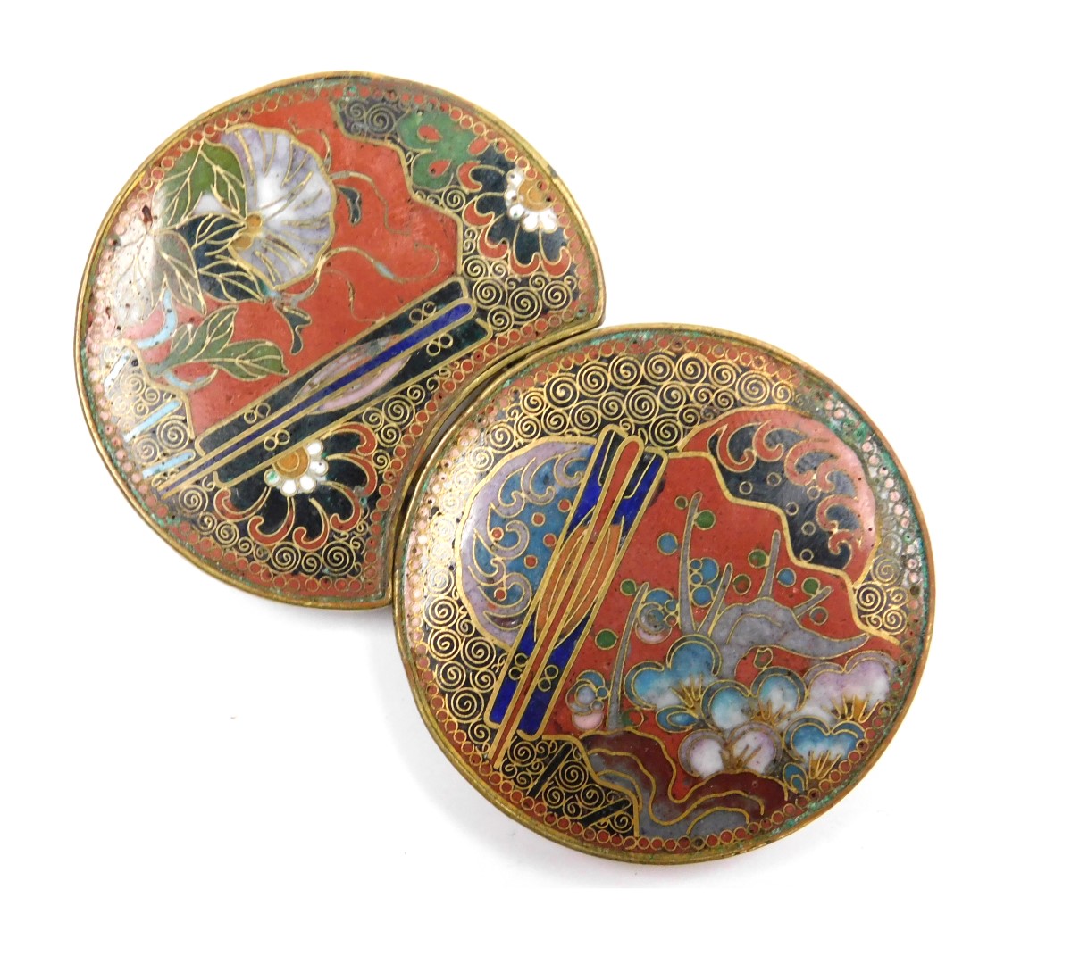 A Japanese Meiji period cloisonne enamel belt buckle, of circular and crescent shaped interlocking d