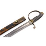 A short cavalry sword, with a shagreen grip, and brass hilt, in a leather scabbard, 74cm wide.