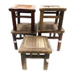 Five various Chinese provincial stools, all with square tops, having inset slatted bamboo centres.