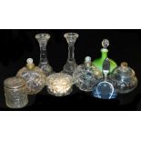 A silver topped glass toilet jar and other dressing table glass, including two cut glass scent bottl
