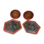 Two pairs of Chinese painted red lacquer stands, including a pair of hexagonal tray stands with ebon