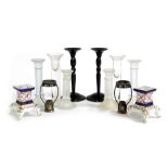 A group of glass, metal and porcelain candlesticks, etc. (a quantity)