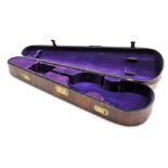 A Victorian walnut coffin shaped violin case, with brass lock plate and carrying handle.